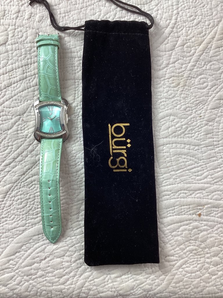 Brgi Womens Green CrocEmbossed Watch With Crystal Accents  Black Velvet Pouch